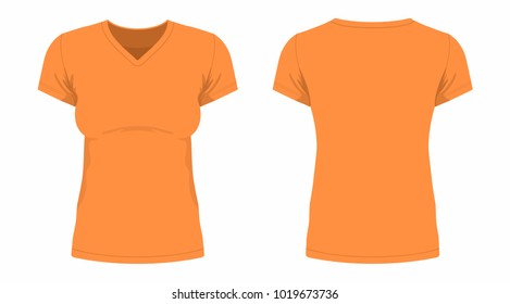 Front and back views of women's orange t-shirt on white background