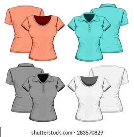 Front and back views of women's polo-shirt and t-shirt. Vector illustration