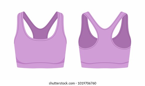 Front and back views of women's purple sport bra on white background