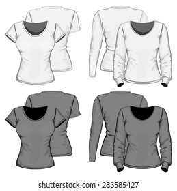 Front and back views of women's t-shirt short and long sleeve. Vector illustration