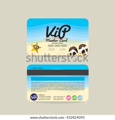Front And Back VIP Member Card Template Sea And Beach Concept Vector Illustration