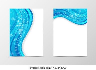 Front and back wave flyer template design. Abstract template with blue lines and transparent flower. Vector illustration