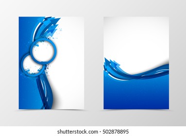 Front and back wave flyer template design. Abstract template with blue arrows and circles in grunge style. Vector illustration