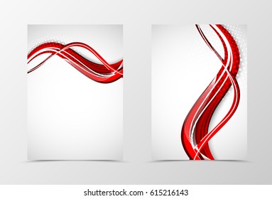 Front and back wave flyer template design. Abstract template with red lines and halftone effect in bright style. Vector illustration