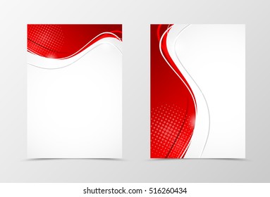 Front And Back Wavy Flyer Template Design. Abstract Template With Red Lines And Halftone Effect In Digital Style. Vector Illustration