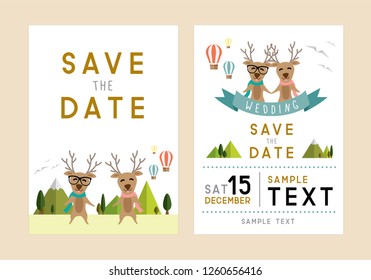 front and back wedding card minimal style, Couple deers with natural background and have copy text save the date. 