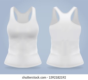 Front and back of woman sport t-shirt. Mockup of women sport or gym sleeveless sportswear. Lady and girl, female tank top dress for gym or yoga, tennis. 3d or realistic T shirt. Shop branding, fashion