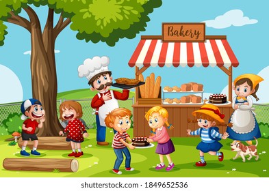 Front of bakery shop with baker in the park scene illustration