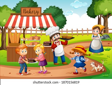 Front of bakery shop with baker in the park scene illustration