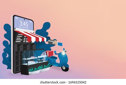 Front of bakery shop store on mobile phone.Shopping Online on Website or Mobile Application Vector Concept. Marketing. Digital marketing online store on mobile-phone.Fresh bakery online store.