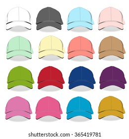 front Baseball cap isolated vector template set. Black , white and color Uniform fashion, blank hat, design sport clothing. Vector illustration