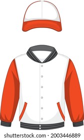 Front of basic white and orange bomber jacket and cap isolated illustration