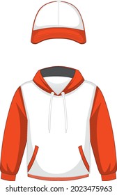 Front of basic white and orange hoodie and cap isolated illustration