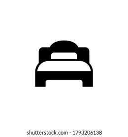 Icono de cama frontal en glifo plano negro, estilo relleno aislado en fondo blanco