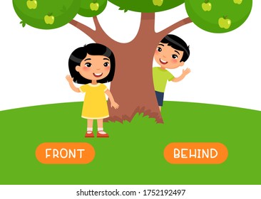 FRONT and BEHIND antonyms word card vector template. Flashcard for english language learning. Opposites concept. Cute asian boy is hiding behind a tree, a little girl is standing in front of a tree.Il