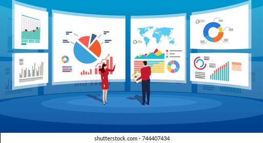 In front of the big screen for data analysis - Shutterstock ID 744407434