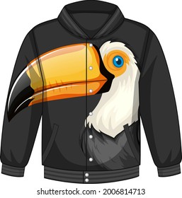 Front of bomber jacket with toucan pattern illustration