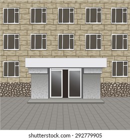 Front of building, entrance with empty signboard for your name, pavement