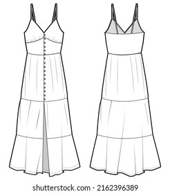 front button tiered strap maxi dress, strap maxi tiered dress, empire line strap dress Front and Back View. Fashion Illustration, Vector, CAD, Technical Drawing, Flat Drawing.	