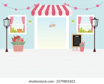 front cafe shop space soft sweet cartoon illustration background design