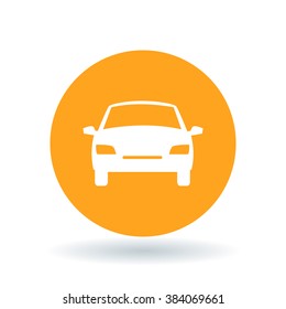 Front of car icon. Motor vehicle sign. Automobile symbol. White icon on orange circle background. Vector illustration.