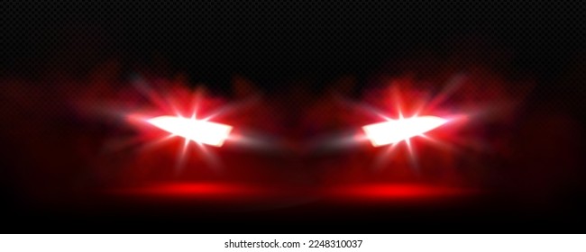 Front car lights in fog at night. Automobile led headlights effect with red flare, rays, glow and mist isolated on transparent background, vector realistic illustration