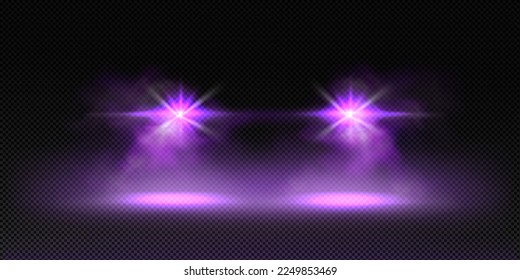 Front car lights in fog at night. Automobile led headlights effect with purple flare, rays, glow and mist isolated on transparent background, vector realistic illustration