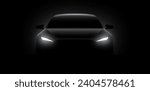 Front car silhouette with rear white lights on dark black background, wallpaper, banner template. Vector illustration