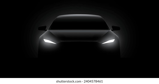 Silueta del coche delantero con luces blancas traseras sobre fondo negro oscuro, papel tapiz, plantilla de banner. Ilustración del vector