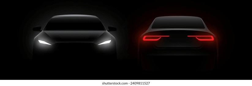 Silueta del coche delantero con luces blancas traseras sobre fondo negro oscuro, papel tapiz, plantilla de banner. Ilustración del vector