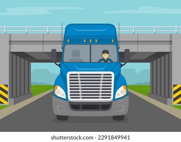 Front close-up view of blue truck driving under overpass. Semi-trailer goes through the tunnel under the bridge. Flat vector illustration template.