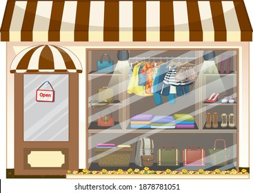 Front of clothing store showcase with clothes and accessories illustration