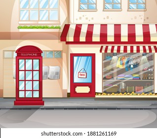 Front of clothing store showcase with clothes and accessories illustration