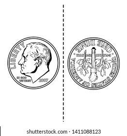 The front of the coin has President Franklin Roosevelt's profile, and reverse has an olive branch, a torch and an oak branch from left to right, vintage line drawing or engraving illustration.