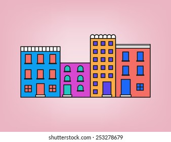 Front of colorful small town in pink tone