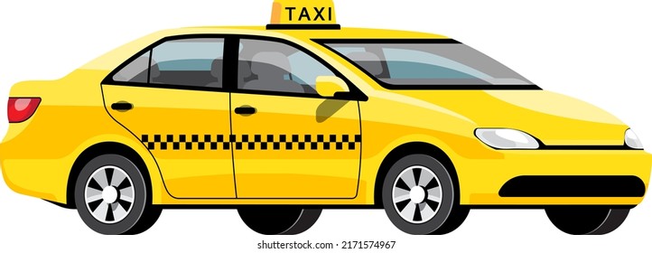 front corner view of a yellow color modern taxi car with taxi light bord on top of the car roof vector graphic design