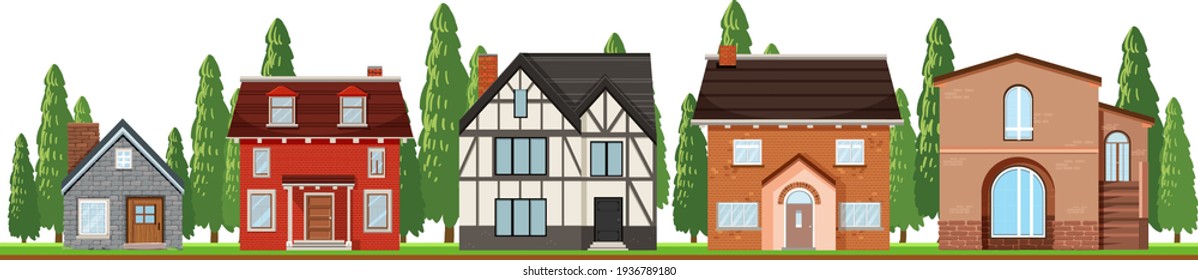 Front of country houses on white background illustration