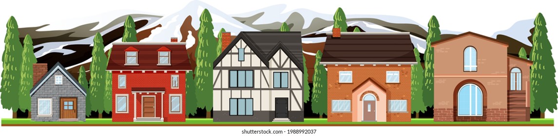 Front of country houses on white background illustration