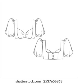 Ilustración de moda técnica superior recortada al hombro con detalle de lazo en el frente, mangas blusas cortas y abullonadas, espalda parcialmente elástica. Plantilla plana color blanco. Mujeres hombres unisex CAD