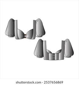 Frontal cortado fora do ombro top ilustração de moda técnica com frente arco-detalhada, mangas blouson inchadas curtas, parcialmente elástico para trás. Modelo plano de cor branca. Mulheres homens unisex CAD