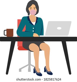 front desk Officer is sitting on chair with laptop and cup of coffeeat office concept vector Icon Design, Lady wearing coronavirus prevention face mask while working sign, New normal Business people