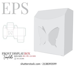 Front Display Box Die Cut Template, Vector. White, Clear, Blank, Isolated Hang Tab Box Mock Up On White Background. Packaging Design With 3D Presentation 