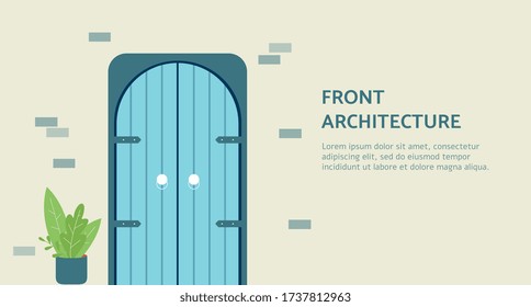 Front door architecture banner template with round top arched doorway with wooden panels on brick beige wall. Medieval entrance style architecture element - flat vector illustration.