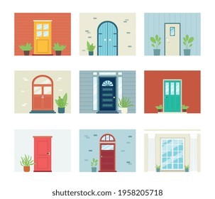 Front door architecture set - different styles of building facades with various types of doorways. Vector illustration of modern house entrance collection.