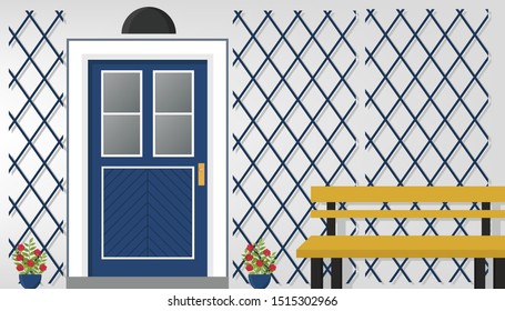 Front door background with plant and bench, vector illustration in vintage flat style
