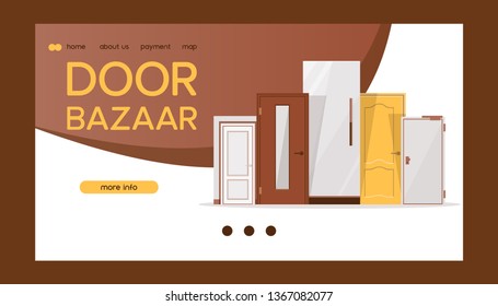 Front door bazaar for houses and buildings banner web design vector illustration. Interior wooden, glass, metal door of various forms. Any door for any purpose. Online shopping.