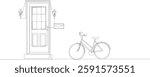 Front door with a bicycle leaning against the house continuous one line illustration. Single line drawing of glass paned door with two lanterns and mailbox. Vector, editable stroke.