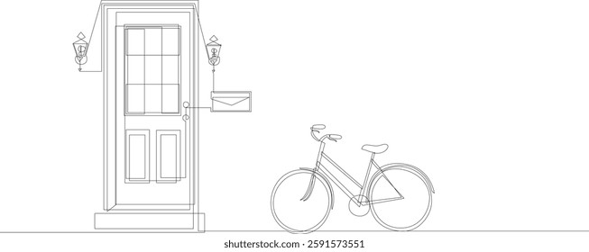 Front door with a bicycle leaning against the house continuous one line illustration. Single line drawing of glass paned door with two lanterns and mailbox. Vector, editable stroke.