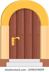 Front door cartoon icon. Wooden doorway and doorstep