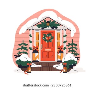 Puerta delantera con decoraciones navideñas. Entrada a la casa decorada con flores de Navidad, farolillos en porche, adornos festivos y nieve en las vacaciones de invierno. Ilustración vectorial plana aislada en fondo blanco